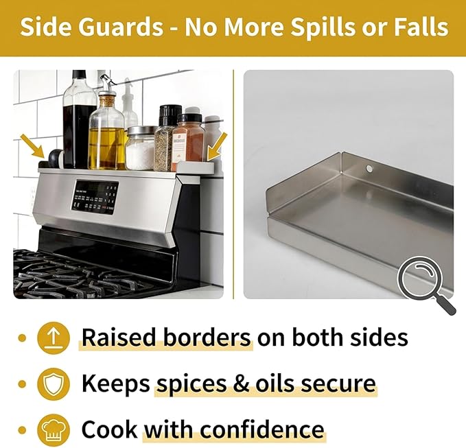 30" Stainless Steel Stove Top Shelf - Dual Mount (Screw & Adhesive) - No Slide/No Spill, Side Guards, Spice Rack & Over The Stove Organizer, StoveShelf (Stay Secure)