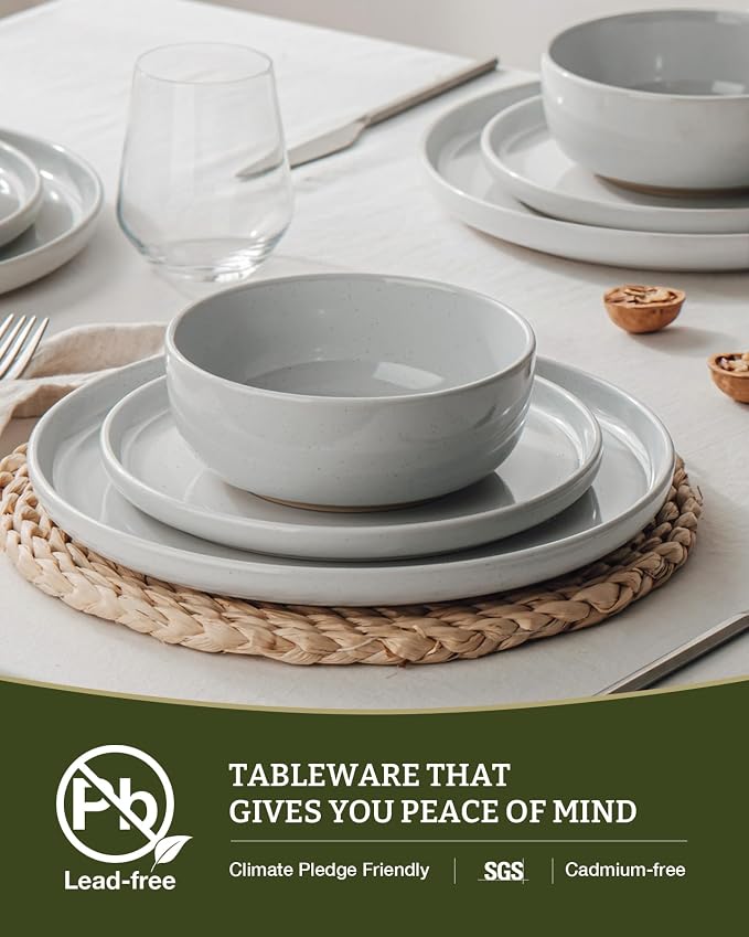 Famiware Milkyway Plates and Bowls Set, 12 Pieces Dinnerware Sets, Dishes Set for 4, Light Gray