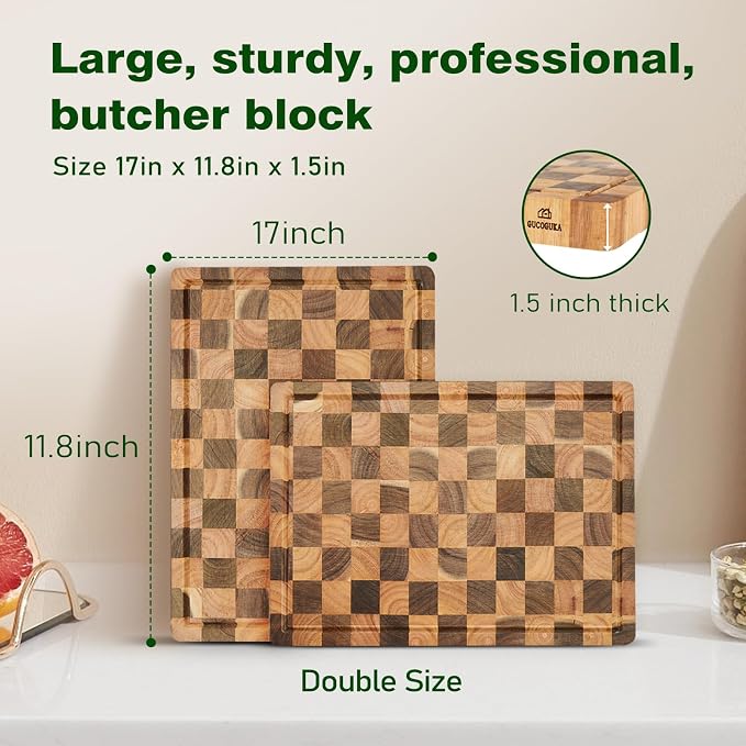 Acacia Wood Cutting Boards for Kitchen, Checkered Chopping Board with Juice Grooves & Handles, Large Butcher Block Serving Tray with Non‑Slip Feet, 17" x 11.8" x 1.5"
