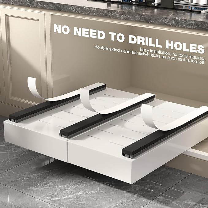 Seinloes 1 Pack Pull Out Cabinet Organizer 21" Deep,Full Extension 3 Slide Rails Slide Out Drawers With Raising Pad for Framed Cabinets,Expandable Width (15.4"-26.2"),No Drill Roll Out Shelves,White