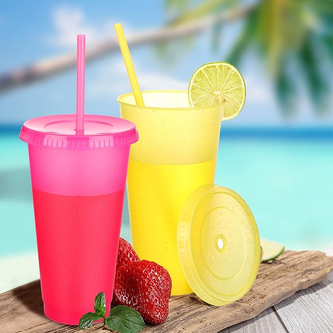Honeydak 30 Pack Tumbler with Straw and Lid Bulk Cups for Gifts Glitter Plastic Coffee Cups 24-27 oz Reusable Water Bottle Iced Coffee Travel Mug Party Favors for Birthdays Travel (Elegant Color)