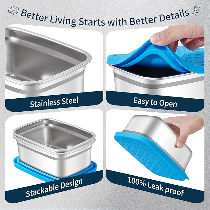 Airtight Silicone Lids Stainless Steel Food Containers - 5 Pack Extra Heavy Duty Meal Prep Boxes for Lunch, Freezer & Dishwasher Safe