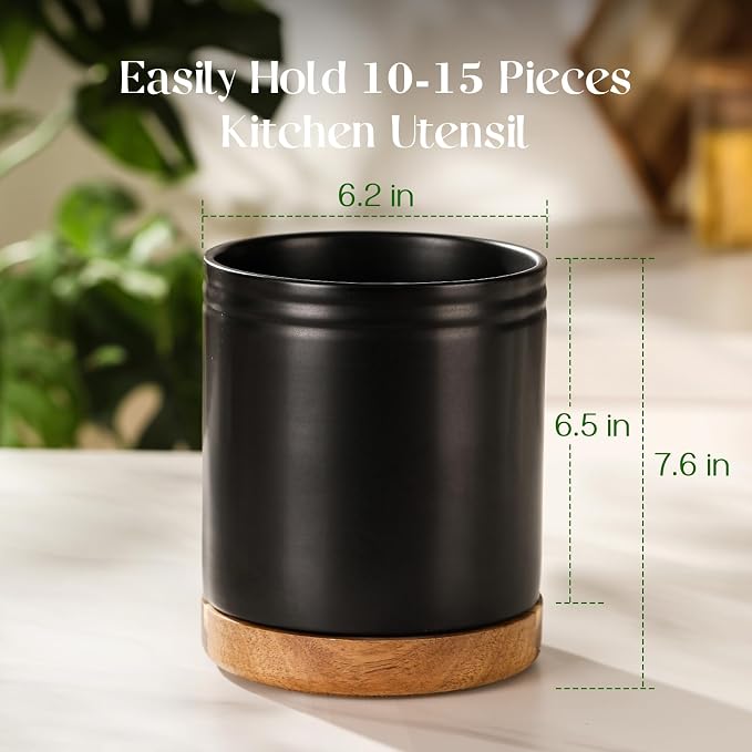 DOWAN 7.6" 360° Rotating Utensil Holder, Kitchen Utensil Holder for Countertop, Ceramic Utensil Crock, Large Cooking Utensil Caddy for Kitchen Counter, Protection Cork Bottom, Black