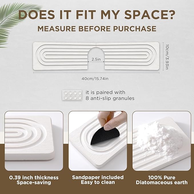 Faucet Mat for Kitchen Sink, Diatomite Stone Drying Sink Protectors, Bathroom Faucet Splash Guard, Quick Dry Water Absorbing, Non-Slip Stone Tray for Kitchen Counter, White, 15.7" x 3.9"