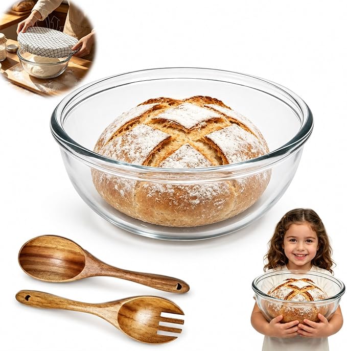 6.3 Quart Large Glass Mixing Bowl for Sourdough Bread,11.5 Inch Diameter Large Capacity Clear Glass Mixing Bowl with Covers&Serving Utensils for Sourdough,Salad,Cooking Prepping and Food Storage