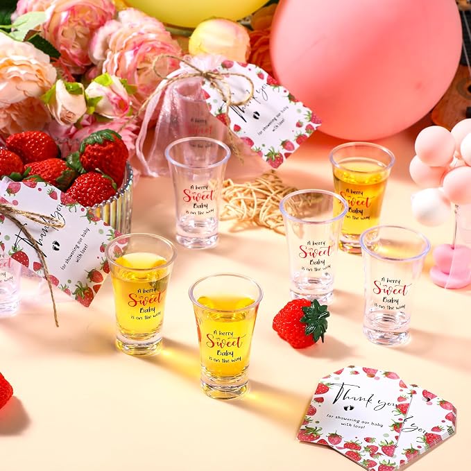 Pickmesh 25 Sets Sweet Strawberry Baby Shower Shot Glasses for Guests Include Acrylic Clear Shot Glasses Sweet Barry Cards Organza Bags Favors for Gender Reveal Party Supplies