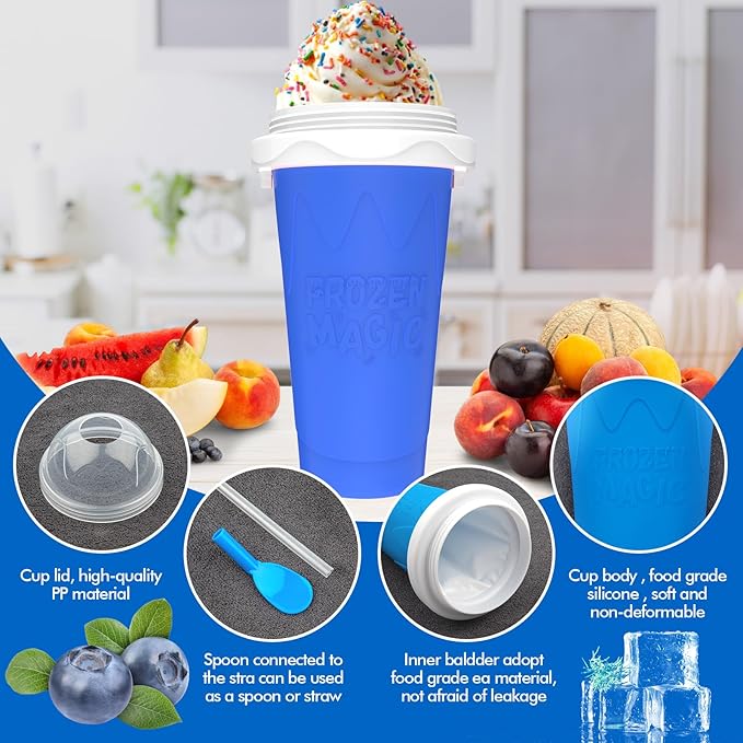 2PCS Slushie Maker Cup, Quick Frozen Magic Cups for Homemade Milk Shake Ice Cream Maker, Double Layer Squeeze Slushy Maker Cup, Birthday Gifts for Mother Father,Kids,Friends,Family (Blue+Green, 350ML)