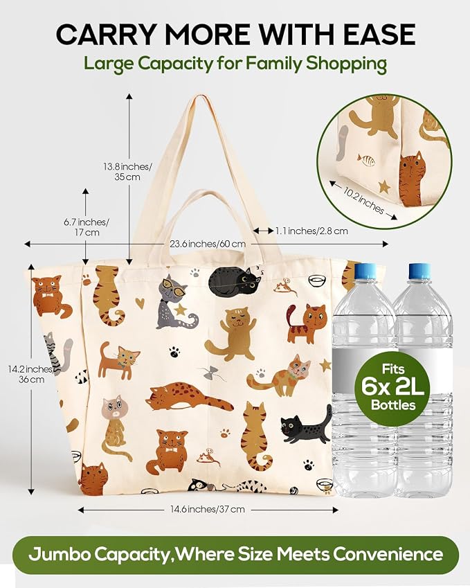 Miss Adola Large Canvas Grocery Tote Bag - Reusable Extra Large Shopping Shoulder Bags with 6 Inner Pockets & 2 Handle Strap