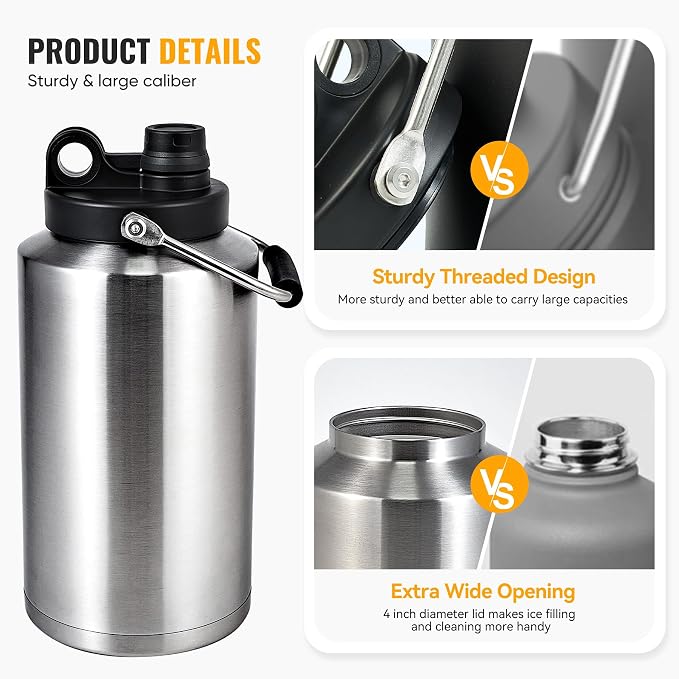 Insulated Gallon Jug with Handle, One Gallon, 128oz Stainless Steel, Large Double Vacuum Water Bottle for Cold Drinks, Wide Mouth, Sweat Proof, Carrier bag, Great for Travel, Camping, Stainless