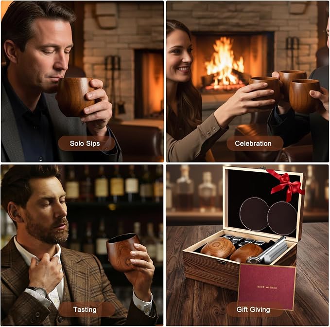 Charred Wooden Bourbon Drinking Glass Wooden Whiskey Glasses Set of 2 17-Piece Complete Whiskey Gift Set Old Fashioned Glass Bourbon Gifts for Men Dad, Husband, Brother (Silver Accents)