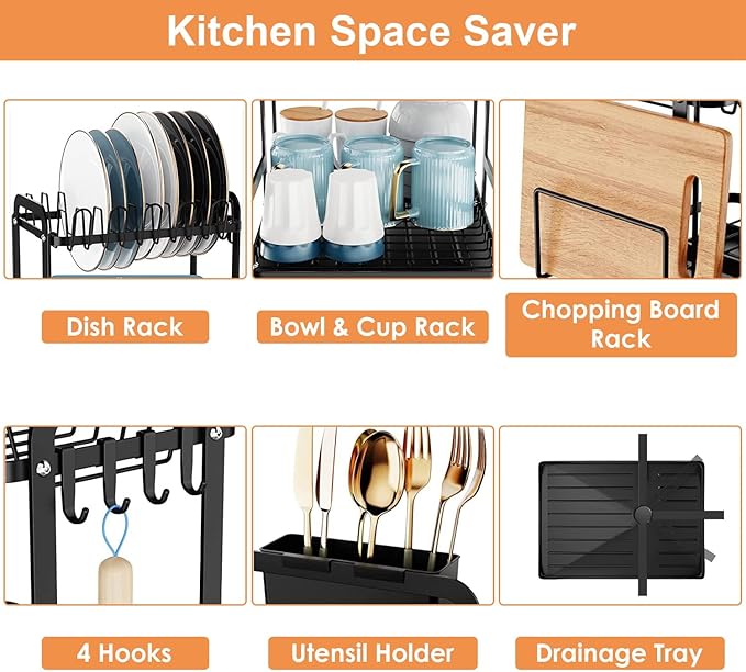 2-Tier Dish Drying Rack for Kitchen with Drainboard Detachable Kitchen Drainer Organizer Set, Metal Sink Organization and Storage Essentials with Utensil Holder Bowl Dish Rack