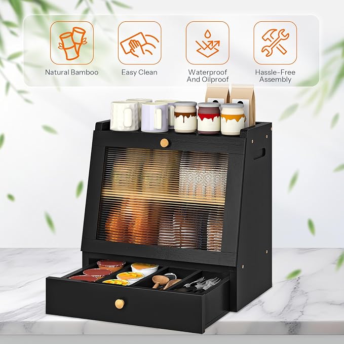HOOBRO Bread Box, Bamboo Bread Box for Kitchen Countertop, 2-Tier Bread Storage Container with Drawer, Bamboo Food Cabinet with Acrylic Door, for Kitchen, Dining Room, Black BK21MB01
