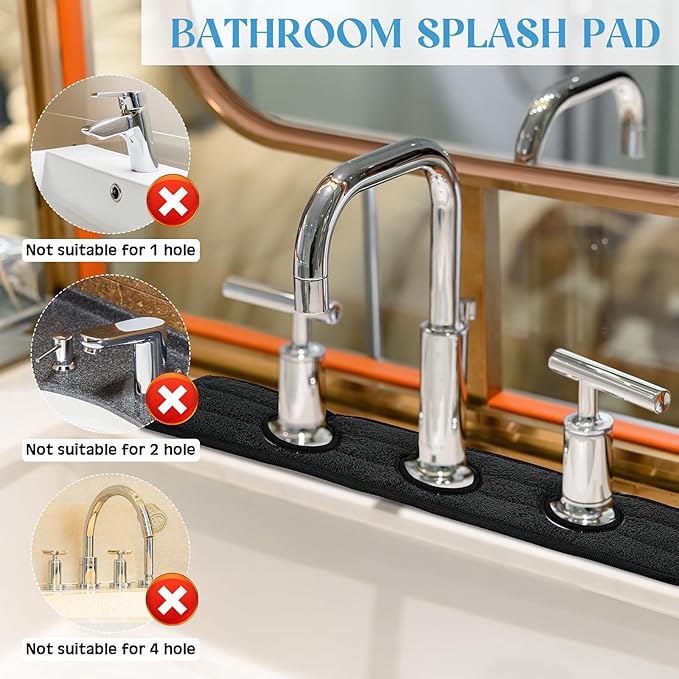 Teenyyou 2 Pcs Faucet Mat for Kitchen Sink Splash Guard for Kitchen Sink Faucet Dish Drying Mat for Bathroom Sponge Holder(Black,3 Round Holes)