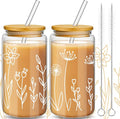 Mumufy 2 Pack Glass Cups Gift Aesthetic Cute Glass Cup Tumbler Flower Iced Coffee Mugs 16 oz with Bamboo Lid & Straw, for Wedding Birthday Bridesmaid Mom Baby Shower