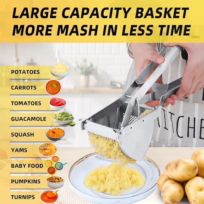 QRU Large Potato Ricer, Heavy Duty Stainless Steel Potato Masher for Commercial and Home Use, Fruit Press Baby Food Masher (Silver)