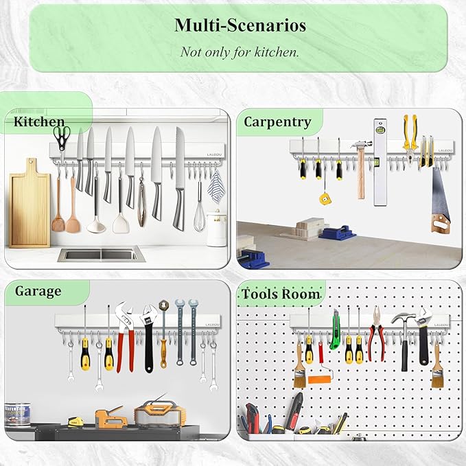 Magnetic Knife Holder for wall, 23 Inch Knife Magnetic Strip with 15 Hooks, Stainless Steel Knife Holder Magnet Rack for Kitchen Organizer, Mount with Adhesive or Screws
