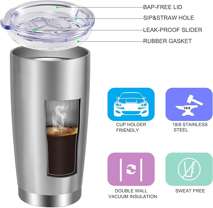 VEGOND 20oz Tumbler with Lid and Straw Stainless Steel Tumbler Cup Bulk Vacuum Insulated Double Wall Travel Coffee Mug Powder Coated Coffee Cup, Stainless, 12 Pack