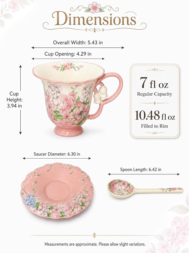 Tea Cup and Saucer Set with Spoon, Porcelain Flower Tea Cup with Saucer, Cute Vintage French Style Coffee Cup Gift Set with Box for Women and Tea Parties