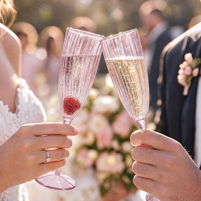 WDF 36PCS Pink Champagne Flutes Plastic - 6 OZ Pink Glitter Disposable Champagne Flutes for Wedding/Birthday/Parties/Bridal Shower