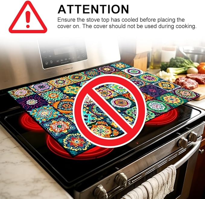 Stove Top Cover for Electric Stove 28.35 x 20.47 Inch Non Slip Stove Mat Colorful Mosaic Tile Glass Cooktop Protector Kitchen Counter Mat