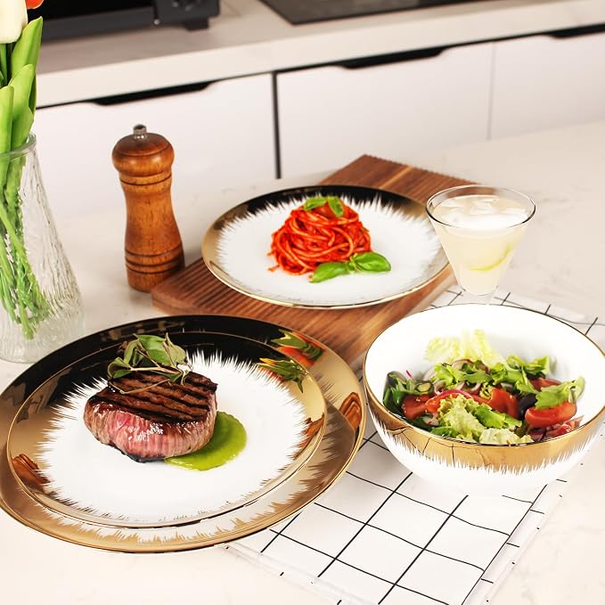 Dinnerware Sets(12Pcs) Serves for 4, Modern Dinnerware, Gilded Edge Plates and Bowls Set with 8.3"Small Plate 10.2"dinner Plate 6.1"Soup bowl, apply Indoor Outdoor (Gilded set)
