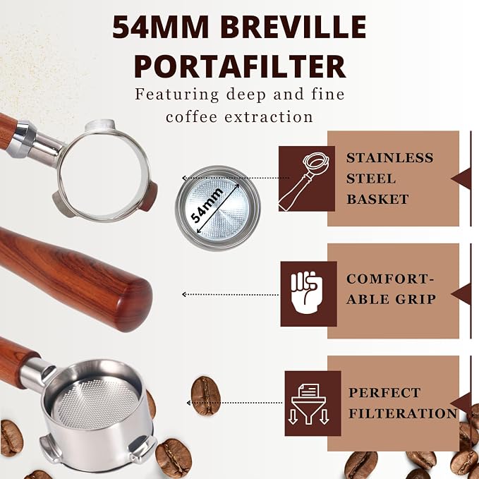 Espresso Portafilter 54mm Bottomless Rosewood Compatible with Breville Duo-temp, Infuser, Bambino, Barista Express, Barista Touch, and Barista Pro Espresso - Stainless Steel Filter Basket Included