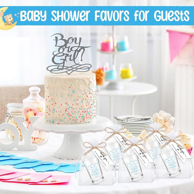 Pickmesh 25 Sets Baby Shower Shot Glasses for Guests Include Acrylic Clear Shot Glasses Thank You Cards Organza Bags Babies Shower Gifts for Gender Reveal Party Supplies (Elephant Boy)