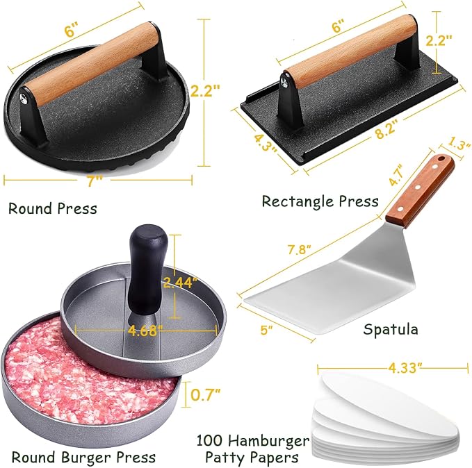 Smash Burger Kit, Heavy-Duty Round & Rectangle Cast Iron Smash Bacon Press, Spatula, Hamburger Stuffed Patty Maker & Patty Papers, Burger Tool for Blackstone Grill and Griddle Accessories Barbeque
