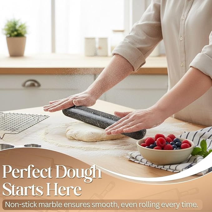 Flexzion French Rolling Pin, 12 Inch Black Marble Rolling Pins for Baking with Wooden Base Holder Stand - Non-Stick Baking Roller for Baking Fondant, Crust, Pastry, Cookies, Pizza, Pasta