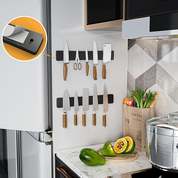 Magnetic Knife Holder for Wall, Acacia Wood Knife Magnetic Strip No Drill Knife Magnet Storage Bar Magnetic Tool Key Holder Strip for Kitchen Utensil Organizer (Black, 16 Inch)