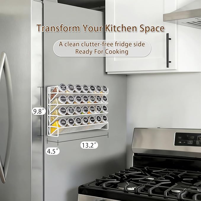 UVIAHOMI Magnetic Spice Rack Organizer for Refrigerator with 28 Spice Jars, 386 Spice Labels, 4 Hook, Chalk Marker and Funnel Set, Magnetic Shelf for Seasoning Organizer, 13.2'' W x 9.8 H, White