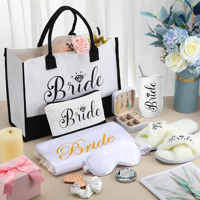 JaGely 9 Pcs Bride to Be Gifts Set Bridal Shower Bachelorette Wedding Gifts with Robe Slippers Tumbler Tote Bag & Bridal Kit