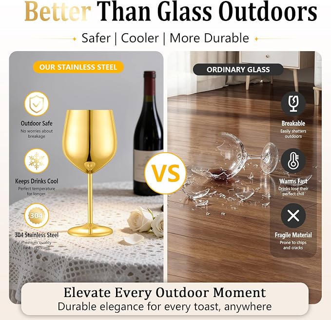 UNISWEET Stainless Steel Wine Glasses Set of 4 Unbreakable Wine Glass 18 oz Unique Metal Wine Goblets for Outdoor, Travel, Camping, Pool, Ideal Gift for Wine Lovers (Gold)