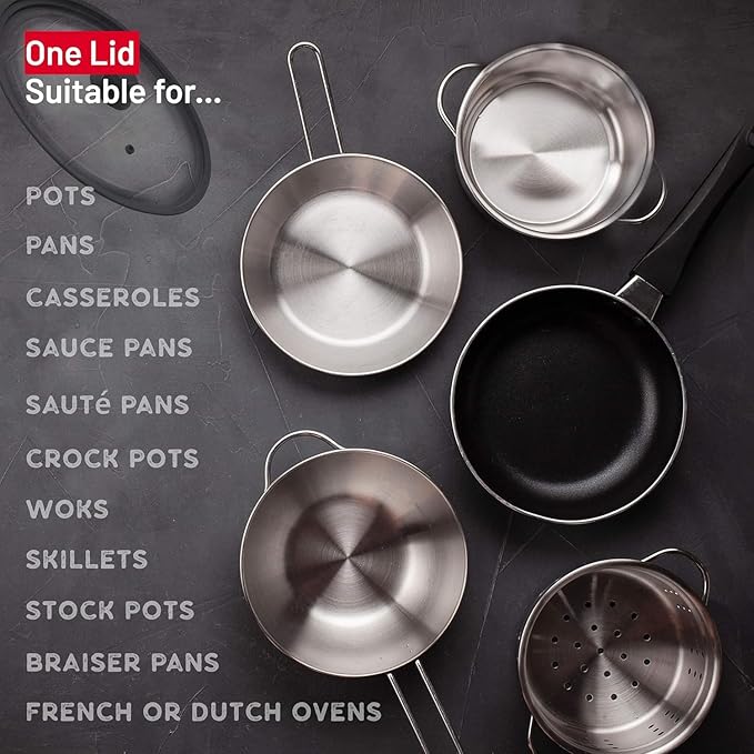 Bezrat Universal Lids for Pots, Pans and Skillets - 2-Pack Heat-Resistant Covers Tempered Glass with Silicone Rim - Fits 10”, 11”, 12” Cookware - Kitchen Covers, Dishwasher Safe