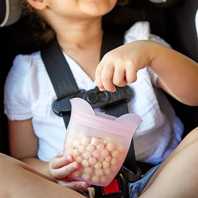 Zip Top Reusable 100% Silicone Baby + Kid Snack Containers - The only containers that stand up, stay open and zip shut! No Lids! Made in the USA - Pink Pig