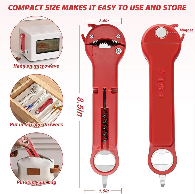 7 in 1 Jar Opener Bottle Opener and Wine Opener for Seniors with Arthritis, Weak Hands, Multi Retractable Magnetic Can Opener, Original Kitchen Lid Opener Tool (Red)