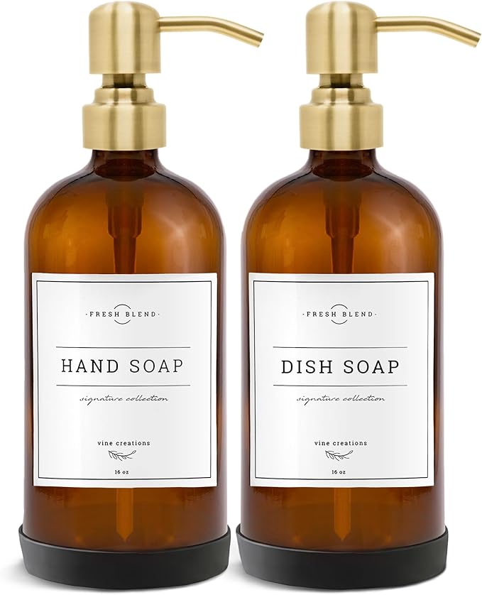 Vine Creations Amber Glass Soap Dispenser, 2 Pack Kitchen Soap Dispenser Set with Stainless Steel Pump, 16 oz Hand Soap and Dish Soap Dispensers for Kitchen or Bathroom with Waterproof Labels