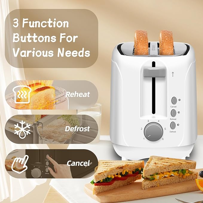 SEEDEEM 4 Slice Toaster, Extra Wide Slots Bread Toaster with 6 Shade Settings, Bagel/Cancel/Defrost/Reheat Functions, Removable Crumb Tray, Auto Shut-Off, White