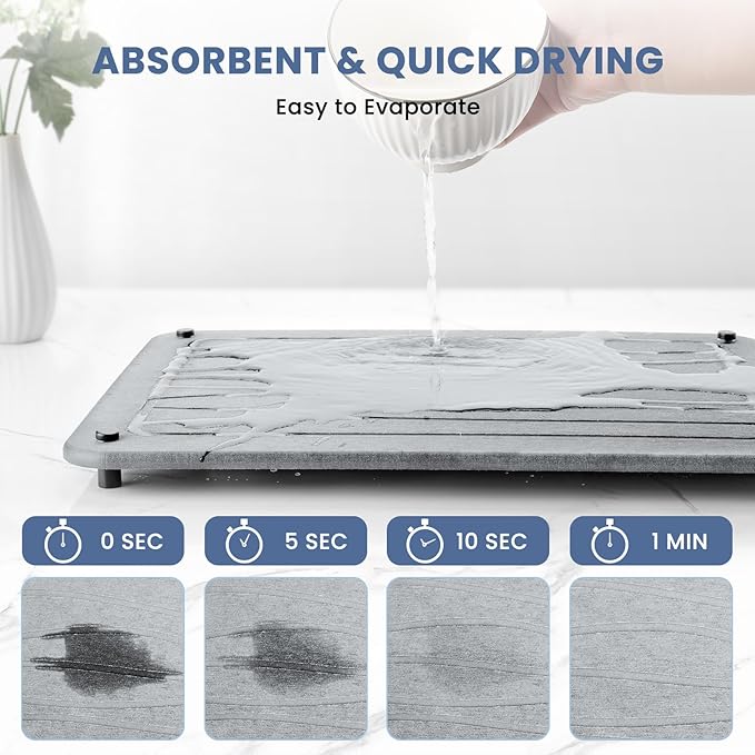 Stone Dish Drying Mats for Kitchen Counter 15.7"x 11.8" Quick Dry Stone Drying Mat Super Absorbent Diatomaceous Earth Drying Mat with 4 Non-Slip Stainless Steel Feet for Dishes&Cups Light Grey