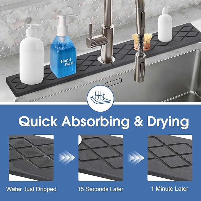 Diatomite Sink Splash Guard, Faucet Mat for Kitchen Sink 30" x 4", Super Absorbent Quick Drying Stone Mat, Faucet Splash Guard for Bathroom Counter, Matte black