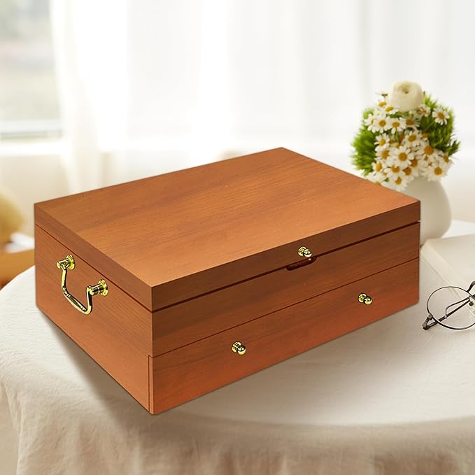 Silverware Storage Box Solid Wood with Lid, Silverware Organizer with Handle and Felt Lined, Silverware Storage Chest for Flatware and Utensils Home Decor Gift, Chest for Flatware (Oak, 2 Layer)