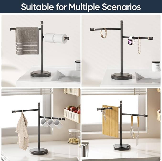 16 Inch Oil Rubbed Bronze Stand Towel Bar Free Standing Hand Towel Holder for Bathroom, 2 Swivel Arms Towel Rack Towel Ring Hardware Accessories for Kitchen Vanity Countertop Stainless Steel