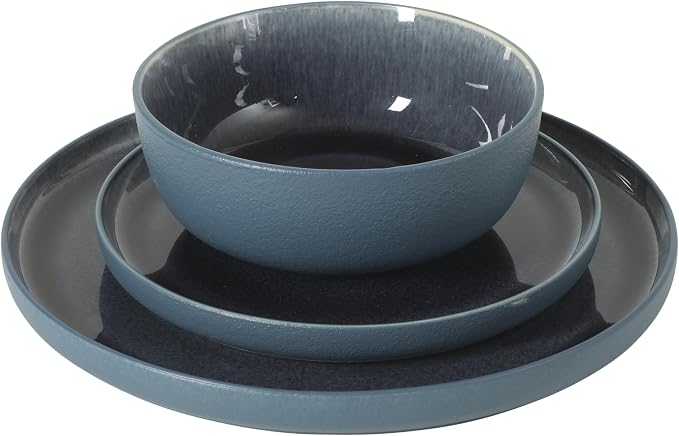 Gibson Elite Reactive Stoneware Dinnerware Set - Tahoe Sunset Matte Exterior & Shiny Interior Blue | 12-Piece – Plates and Bowls, Durable Everyday Dish Set, Microwave & Dishwasher Safe