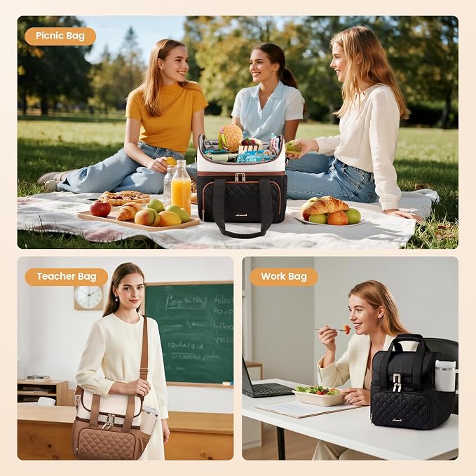 LOVEVOOK Insulated Lunch Bag for Women,Large Double Deck Adult Lunch Box,Teacher Lunch Tote Bag with Cup Holder,Leakproof Cooler Bag with Adjustable Shoulder Strap for Work Picnic Beach,Larger 15L