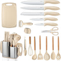 RAXCO Cooking Utensils Set,18-Piece Kitchen Utensils and Knife Set,Khiki | Food-grade Silicone Utensils Heat-resistant to 410°F,5-Piece Stainless Steel Kitchen Knife with Sharpener and Cutting Board