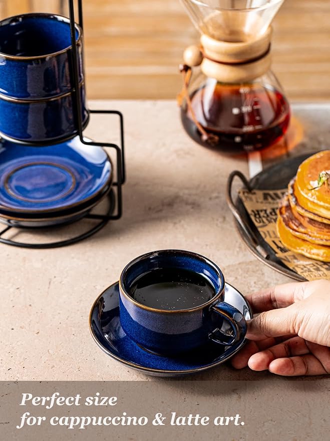 Gomakren 6 Ounce Cappuccino Cups with Saucers and Metal Stand, Stackable Coffee Cup Set of 4, Father's Day Porcelain Espresso Cups for Coffee Drinks, Cappuccino, Latte, Americano, Tea, Cobalt Blue