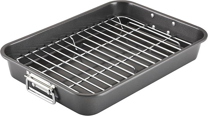 Farberware Bakeware Nonstick Roaster with Flat Rack, Roasting Pan with Rack For Home Cooking, 11-Inch x 15-Inch, Gray