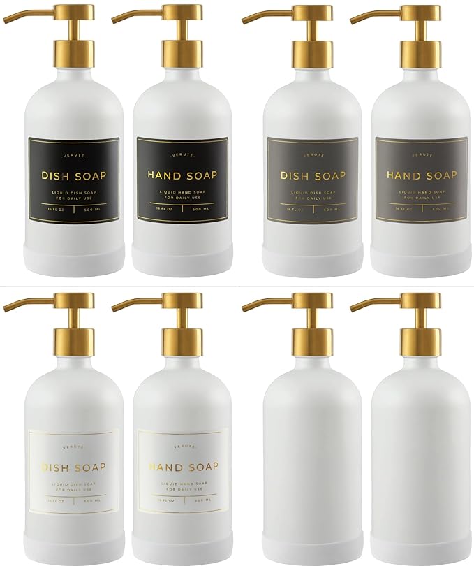 Hand and Dish Soap Dispenser for Kitchen and Bathroom, Set of 2 16 Oz Glass Bottles, Stainless Steel Pumps, Non-Slip Silicone Base, 27 Waterproof Labels (Matte White Bottle/Brushed Gold Pump)