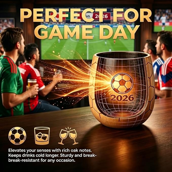 Soccer Wooden Whiskey Glass, Oak Wood Beer & Whiskey Tumbler, Old Fashioned Bourbon Drinking Cup, Unique Gift for Soccer Fans, Beer Lovers, Men, Dad, Husband, Birthday Gift