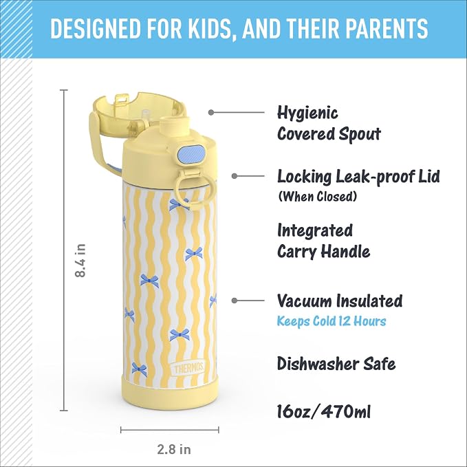 THERMOS FUNTAINER 16 Ounce Stainless Steel Vacuum Insulated Bottle with Wide Spout Lid, Wavy Bows